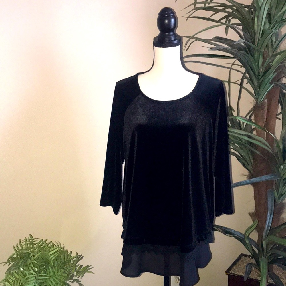 Ava James Black Velvet Lace Trim Blouse.